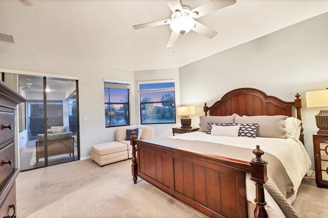 bedroom featuring access to outside, ceiling fan, light colored carpet, visible vents, and baseboards