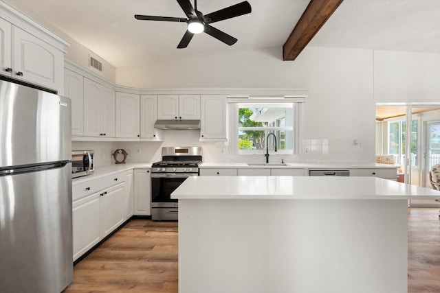 kitchen featuring visible vents, stainless steel appliances, a kitchen island, under cabinet range hood, and a sink