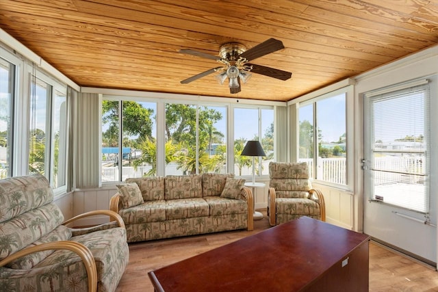 sunroom / solarium featuring wood finished floors and wood ceiling