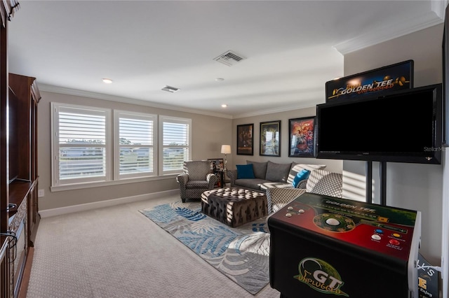 living area featuring crown molding, visible vents, baseboards, and carpet