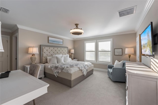 bedroom featuring crown molding, visible vents, and light colored carpet