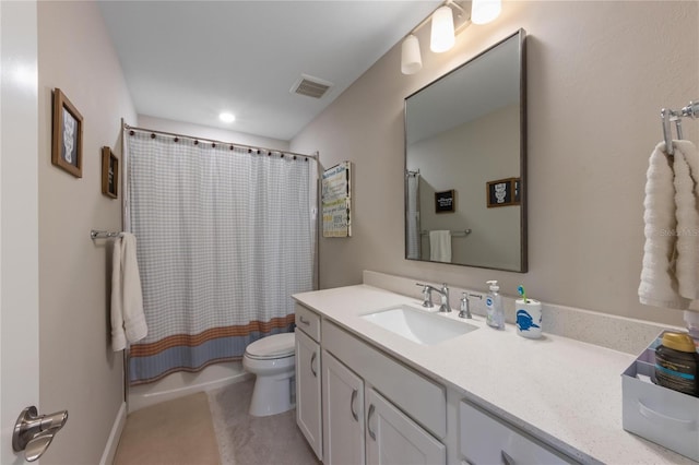 full bathroom featuring toilet, visible vents, shower / bathtub combination with curtain, and vanity