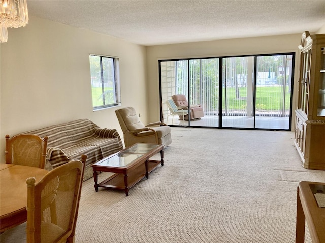 living room with light carpet and a textured ceiling