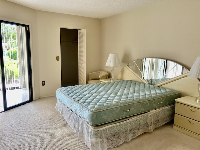bedroom with a textured ceiling, a closet, carpet, and access to outside