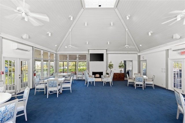 71 Tidy Island Blvd, Bradenton, FL 34210 - interior space featuring carpet floors, high vaulted ceiling, a wall mounted air conditioner, and ceiling fan