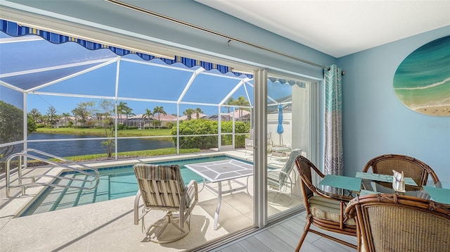 interior space with a swimming pool and a water view