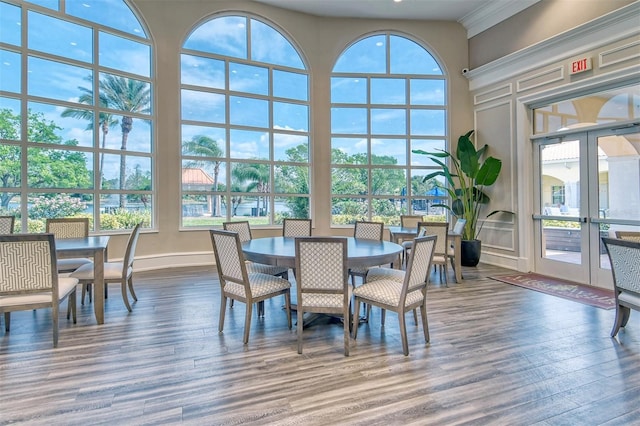 dining room featuring wood finished floors, a towering ceiling, and baseboards