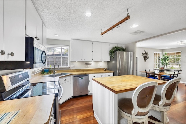 kitchen featuring a sink, white cabinetry, butcher block countertops, appliances with stainless steel finishes, and dark wood finished floors