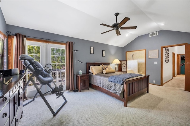 bedroom featuring access to exterior, lofted ceiling, visible vents, ceiling fan, and carpet