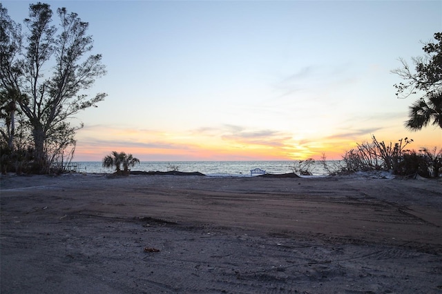view of yard featuring a view of the beach and a water view