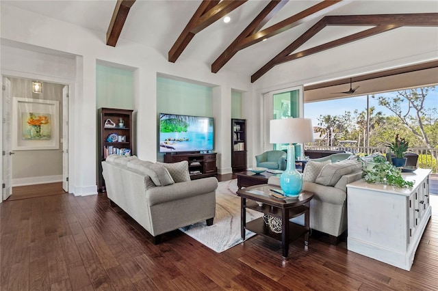 living area with high vaulted ceiling, beam ceiling, a ceiling fan, dark wood finished floors, and baseboards