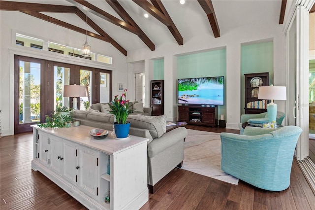 living area featuring high vaulted ceiling, beam ceiling, and dark wood-style flooring