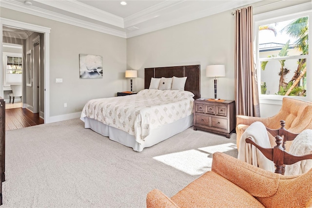 carpeted bedroom with recessed lighting, crown molding, multiple windows, and baseboards