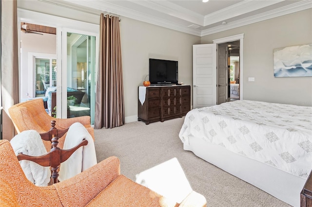 bedroom featuring baseboards, crown molding, carpet, and access to outside
