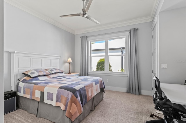 bedroom featuring light carpet, baseboards, ceiling fan, and ornamental molding