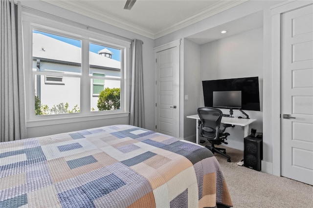 carpeted bedroom with crown molding