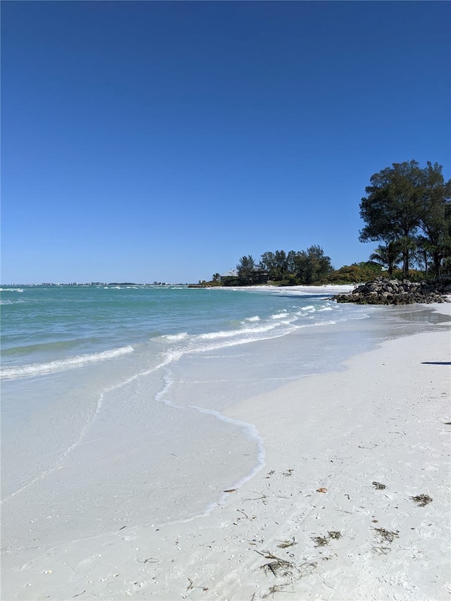 property view of water featuring a beach view