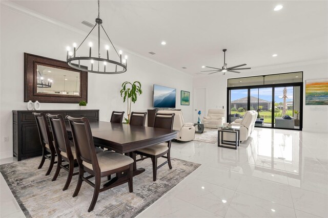 dining room featuring crown molding, a chandelier, recessed lighting, light marble finish flooring, and ceiling fan