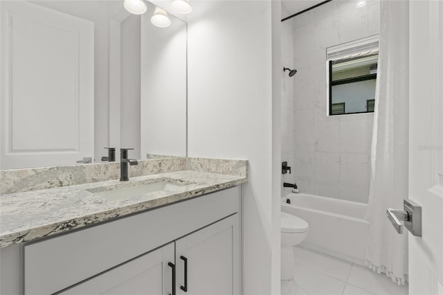 full bathroom with toilet, shower / bathtub combination with curtain, and vanity