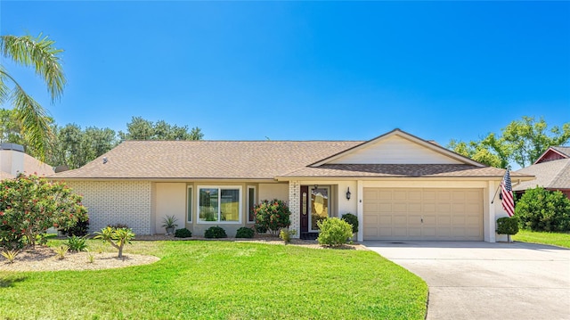 ranch-style house featuring a garage, stucco siding, driveway, and a front lawn