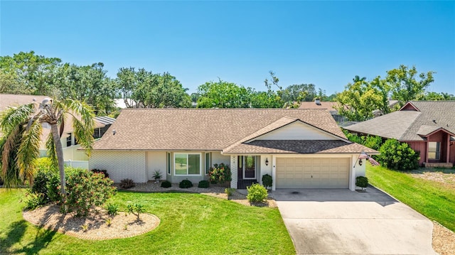 ranch-style home featuring roof with shingles, an attached garage, stucco siding, a front yard, and concrete driveway