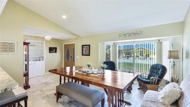 dining area with recessed lighting, built in features, light tile patterned floors, and lofted ceiling
