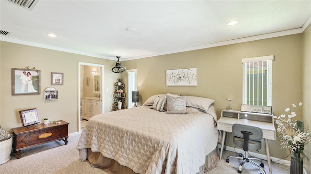 bedroom featuring visible vents, ornamental molding, light carpet, baseboards, and recessed lighting