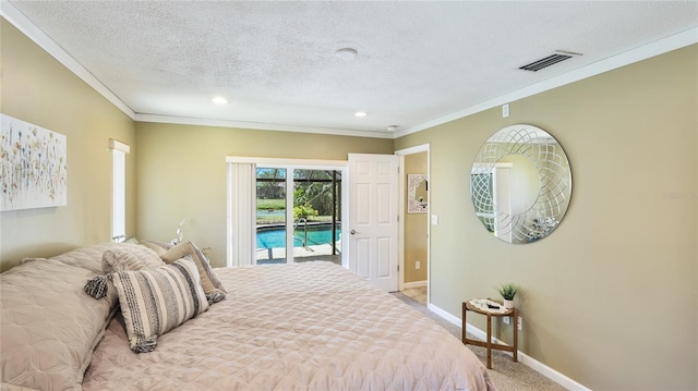 carpeted bedroom featuring crown molding, a textured ceiling, baseboards, and access to outside