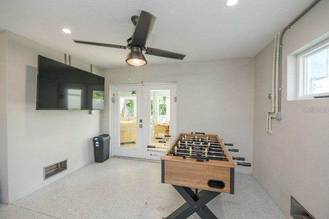 336 Avenida De Mayo, Sarasota, FL 34242 - rec room with recessed lighting, french doors, speckled floor, ceiling fan, and visible vents
