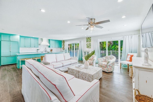 336 Avenida De Mayo, Sarasota, FL 34242 - living room with a ceiling fan, recessed lighting, and dark wood finished floors