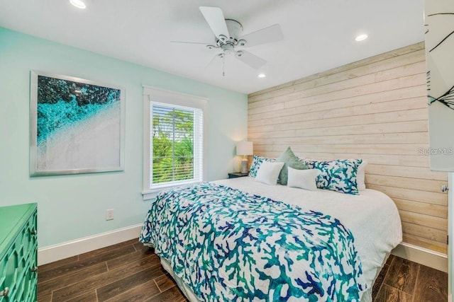 336 Avenida De Mayo, Sarasota, FL 34242 - bedroom featuring wood walls, recessed lighting, baseboards, a ceiling fan, and wood tiled floor
