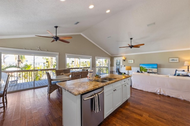 kitchen featuring open floor plan, dark wood-style floors, ceiling fan, stainless steel dishwasher, and a sink
