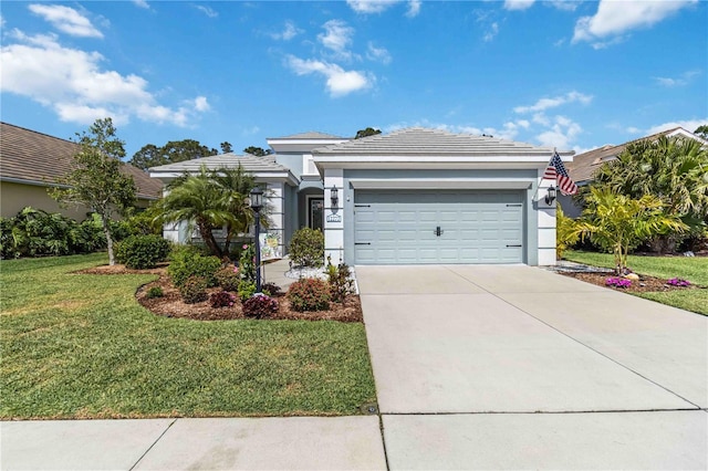 ranch-style home featuring stucco siding, a garage, concrete driveway, and a front yard