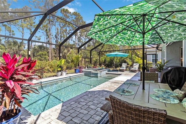 view of pool featuring a patio area, a grill, a pool with connected hot tub, and a lanai