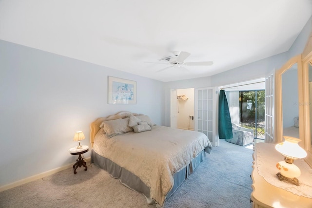 bedroom with baseboards, access to outside, carpet, and a ceiling fan