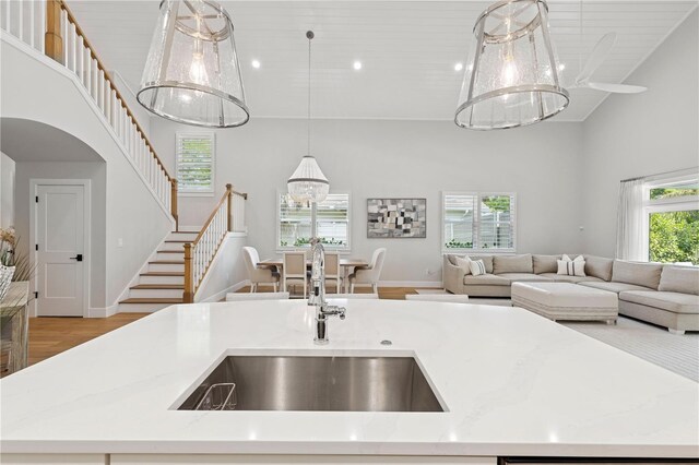 4013 Red Rock Ln, Sarasota, FL 34231 - kitchen featuring a sink, high vaulted ceiling, open floor plan, light wood finished floors, and a kitchen island with sink