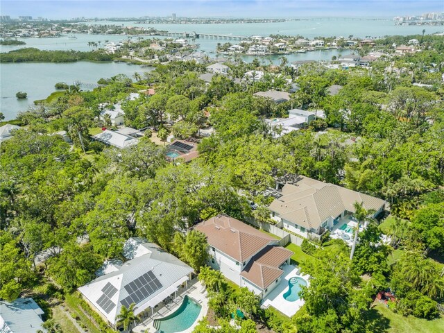 4013 Red Rock Ln, Sarasota, FL 34231 - aerial perspective of suburban area featuring a large body of water and a pool