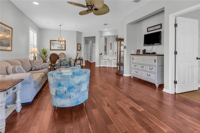 2064 Batello Dr, Venice, FL 34292 - living area with dark wood-type flooring, a ceiling fan, a chandelier, recessed lighting, and baseboards
