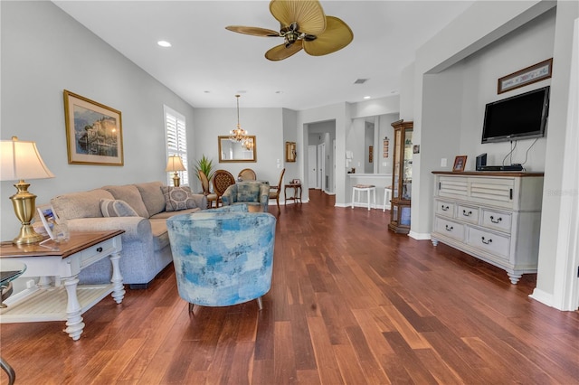 2064 Batello Dr, Venice, FL 34292 - living area featuring wood finished floors, a ceiling fan, a chandelier, recessed lighting, and baseboards