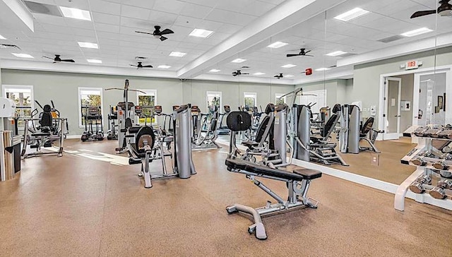 4136 Cascade Falls Dr, Sarasota, FL 34243 - exercise room with ceiling fan and a drop ceiling