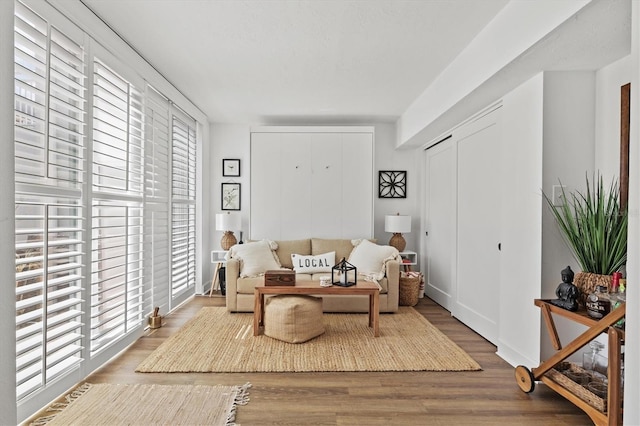 living area featuring wood finished floors and baseboards