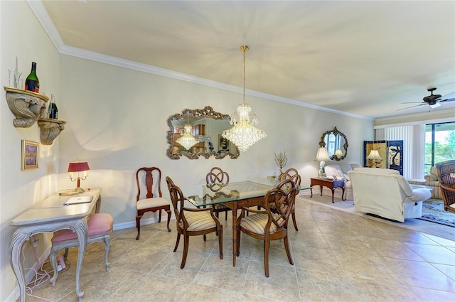 19889 Benissimo Dr, Venice, FL 34293 - tiled dining space featuring ornamental molding, ceiling fan with notable chandelier, and baseboards