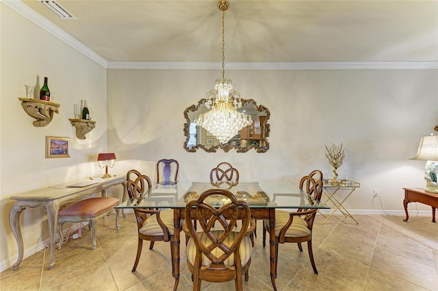19889 Benissimo Dr, Venice, FL 34293 - dining room with ornamental molding, baseboards, tile patterned floors, visible vents, and a notable chandelier