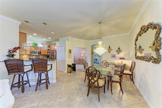 19889 Benissimo Dr, Venice, FL 34293 - dining room featuring an inviting chandelier, ornamental molding, baseboards, and recessed lighting
