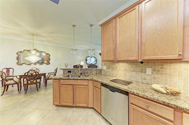 19889 Benissimo Dr, Venice, FL 34293 - kitchen featuring crown molding, dishwasher, a sink, light stone counters, and backsplash