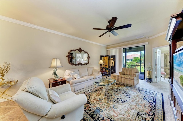 19889 Benissimo Dr, Venice, FL 34293 - living area with a ceiling fan, crown molding, tile patterned floors, and visible vents