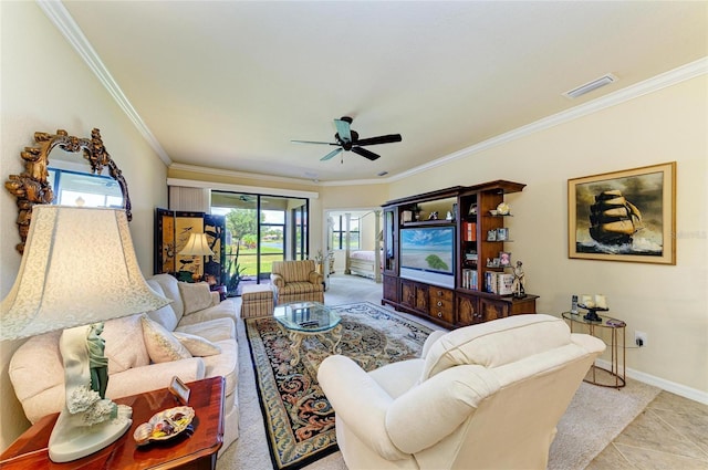 19889 Benissimo Dr, Venice, FL 34293 - living area featuring ornamental molding, baseboards, tile patterned floors, ceiling fan, and visible vents