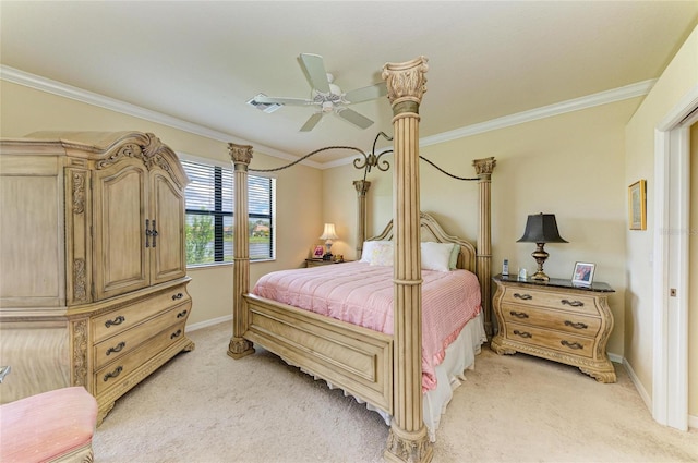 19889 Benissimo Dr, Venice, FL 34293 - bedroom featuring ornamental molding, baseboards, visible vents, a ceiling fan, and light carpet