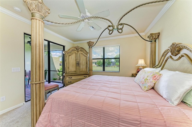 19889 Benissimo Dr, Venice, FL 34293 - bedroom featuring a ceiling fan, light carpet, baseboards, visible vents, and ornamental molding