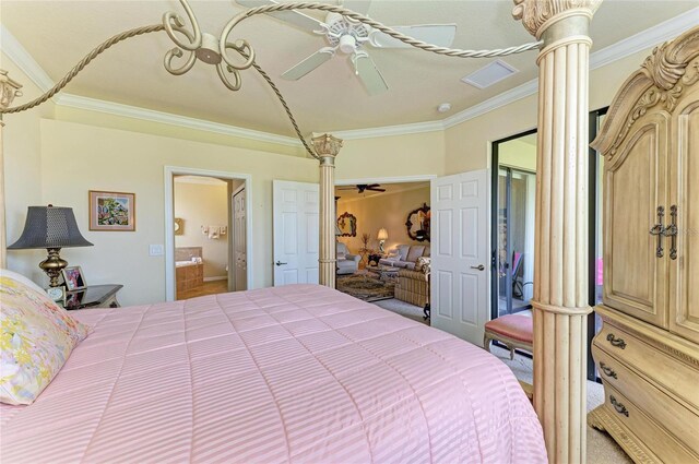 19889 Benissimo Dr, Venice, FL 34293 - bedroom featuring a ceiling fan, crown molding, ensuite bath, and ornate columns